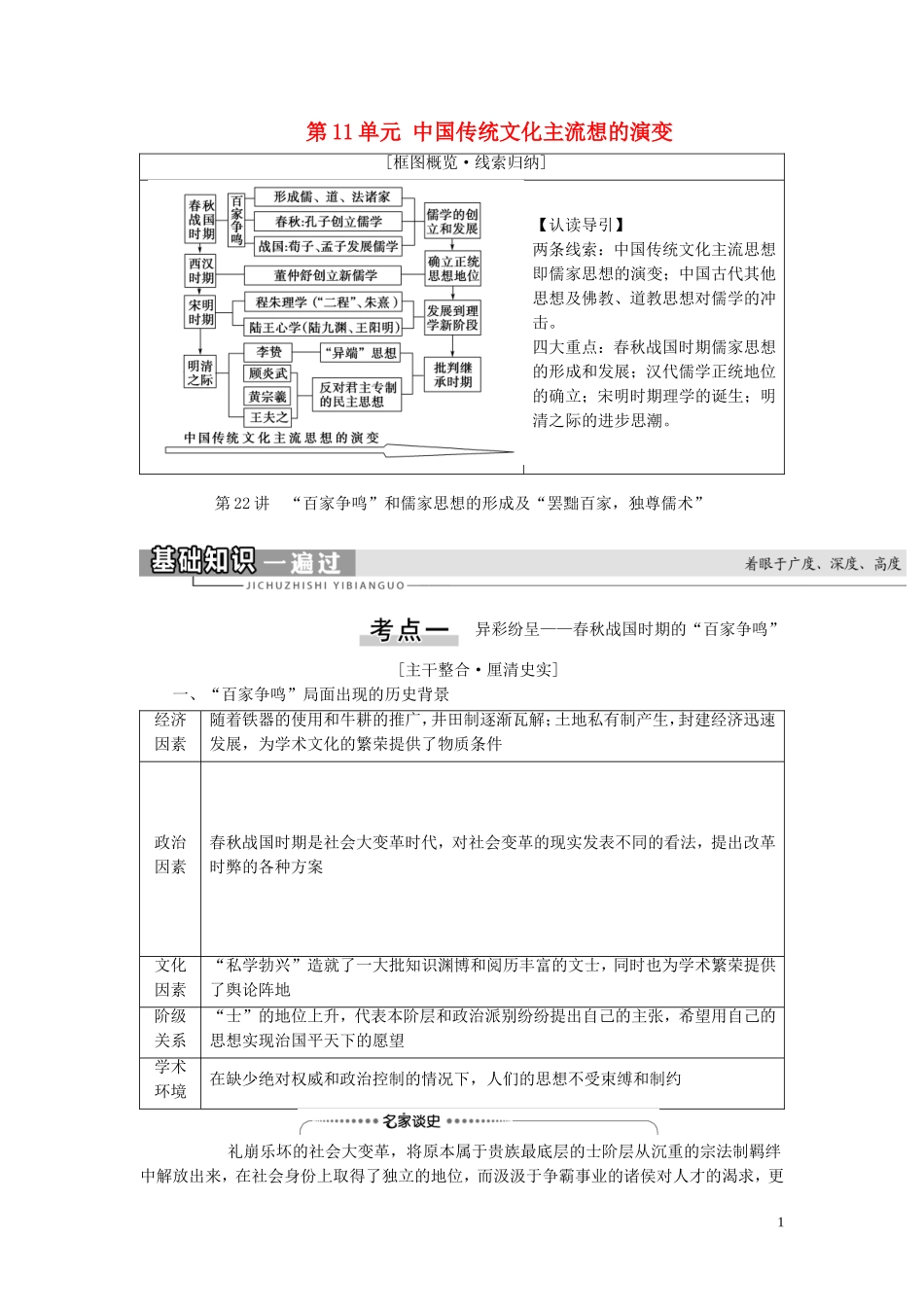 （江苏专用）高考历史一轮复习 模块3 第11单元 中国传统文化主流想的演变 第22讲 “百家争鸣”和儒家思想的形成及“罢黜百家独尊儒术”教学案-人教版高三全册历史教学案_第1页