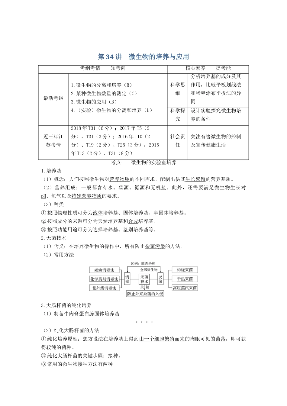 （江苏专用）高考生物总复习 第34讲 微生物的培养与应用教案（选修1）-人教版高三选修1生物教案_第1页