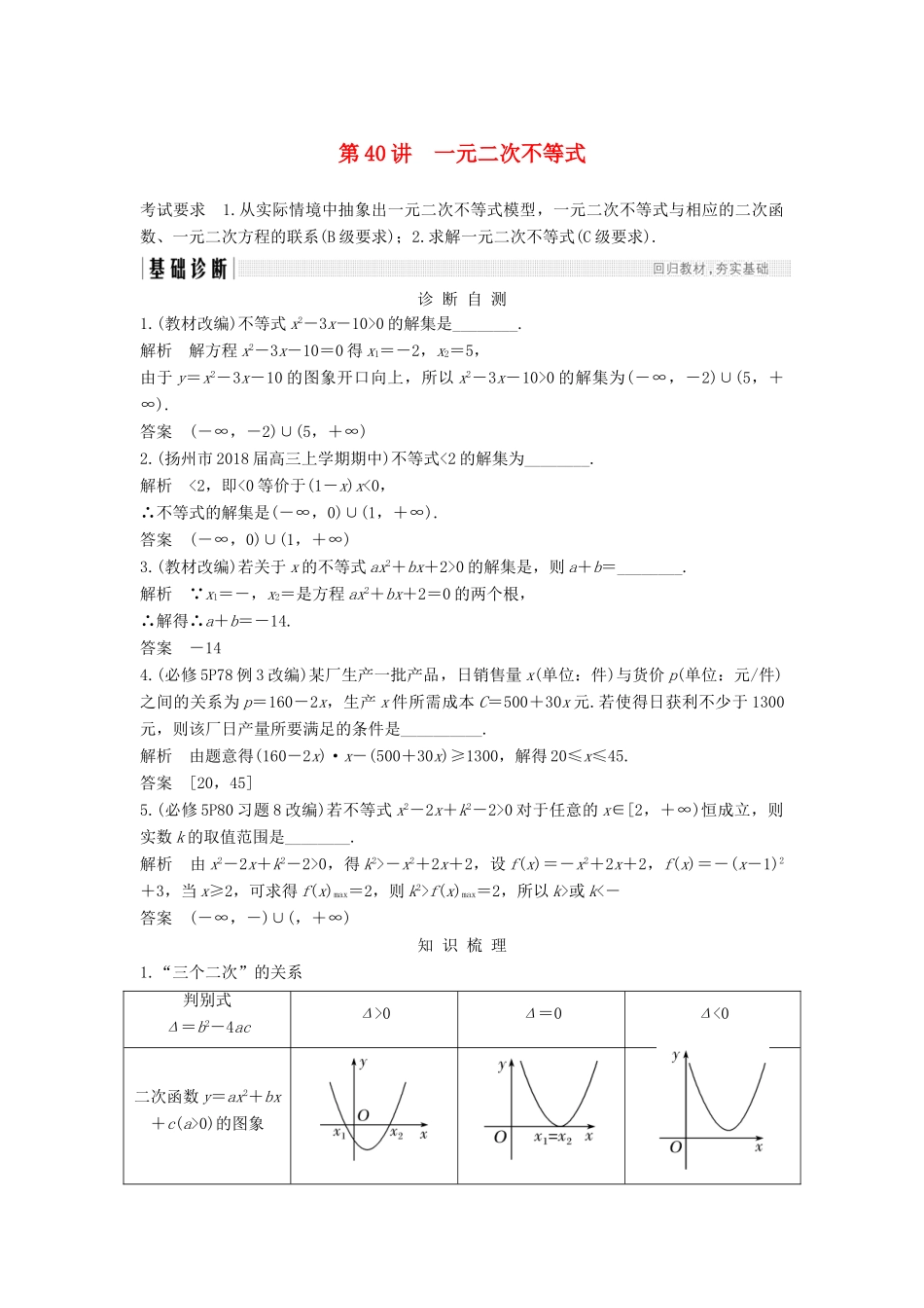 （江苏专用）高考数学大一轮复习 第七章 不等式 第40讲 一元二次不等式学案-人教版高三全册数学学案_第1页