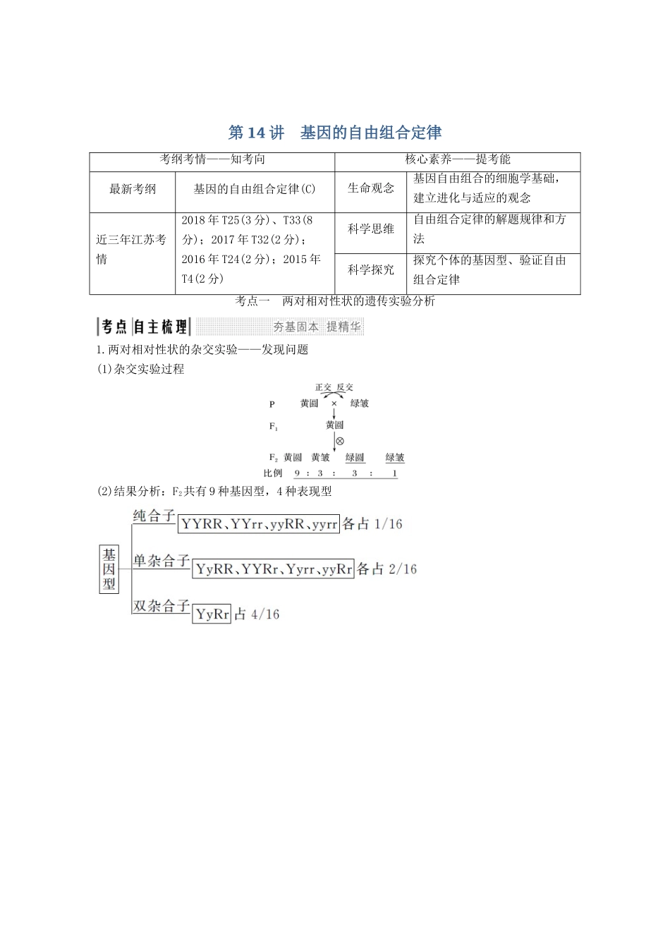 （江苏专用）高考生物总复习 第五单元 第14讲 基因的自由组合定律教案（必修2）-人教版高三必修2生物教案_第1页