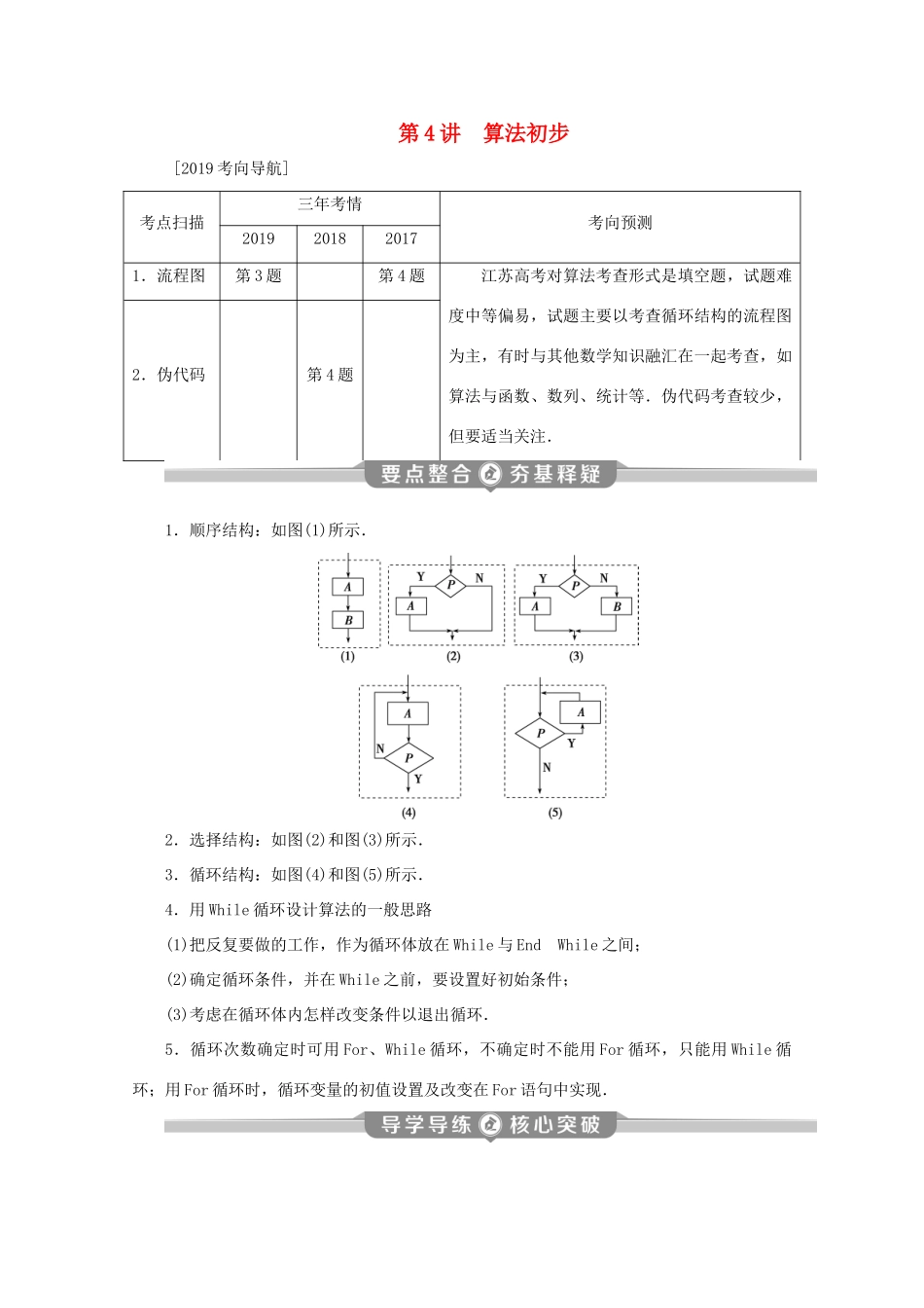 （江苏专用）高考数学二轮复习 专题六 概率、统计、复数、算法、推理与证明 第4讲 算法初步学案 文 苏教版-苏教版高三全册数学学案_第1页