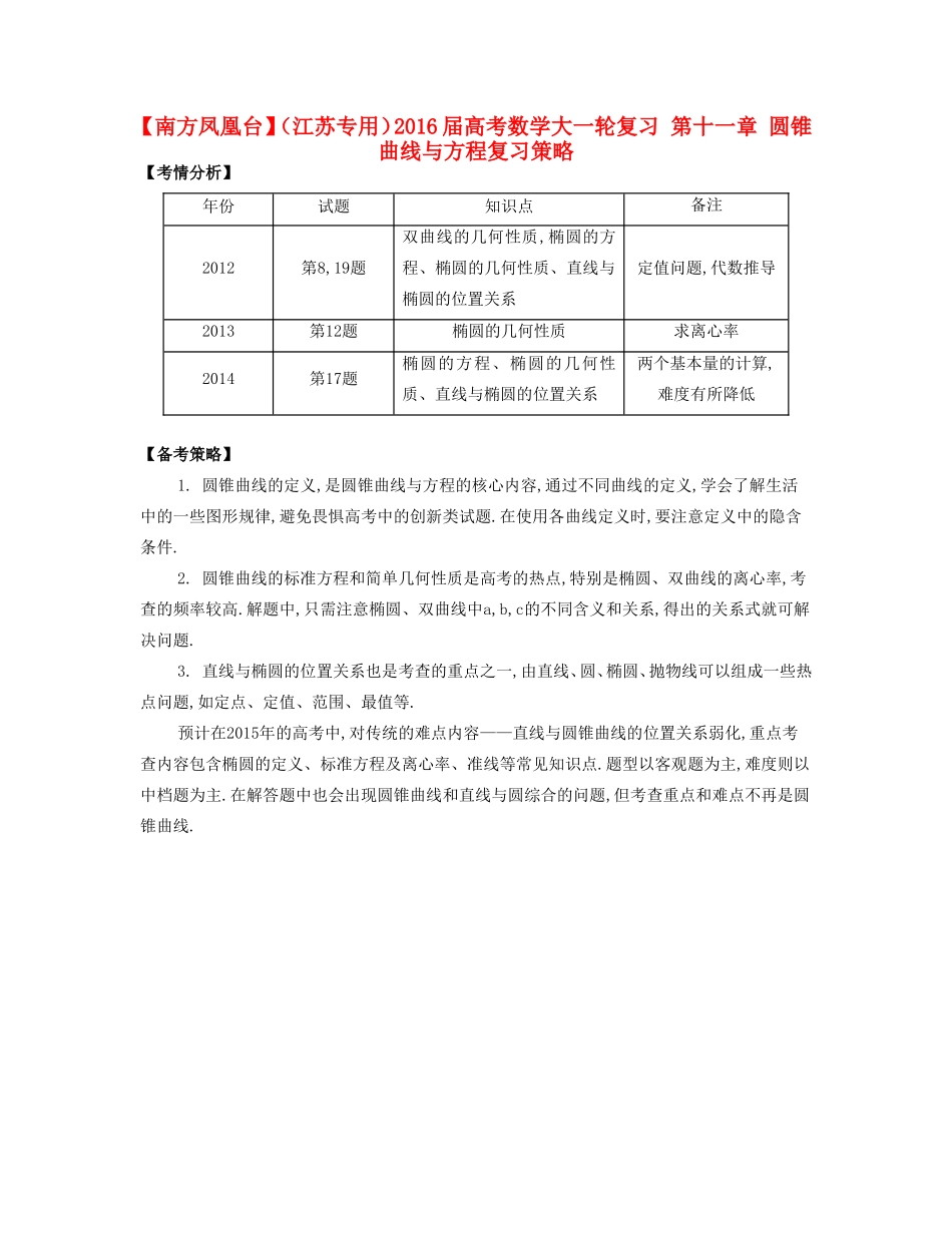 （江苏专用）高考数学大一轮复习 第十一章 圆锥曲线与方程复习策略-人教版高三全册数学素材_第1页