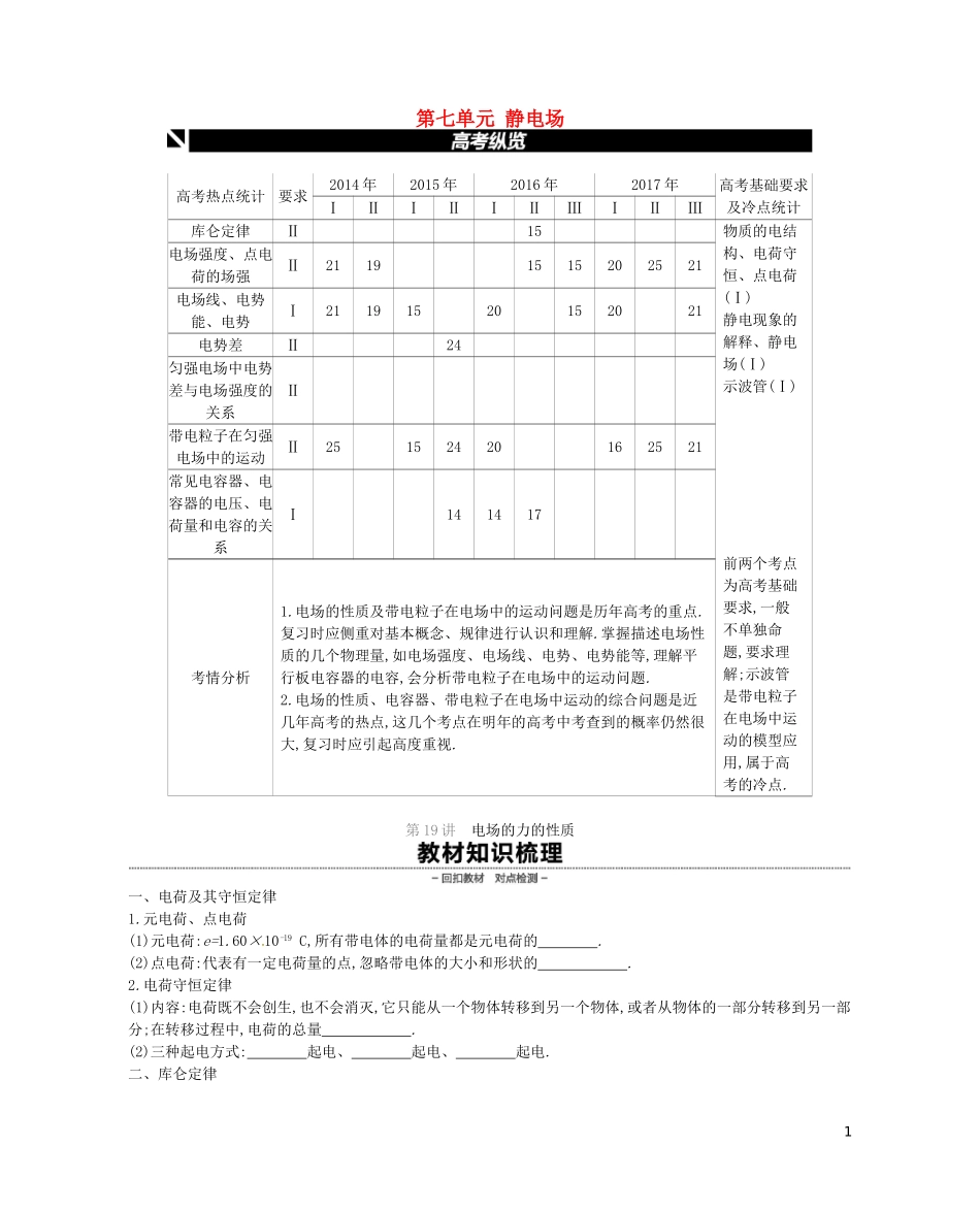 （江苏专用）高考物理大一轮复习 第7单元 静电场学案-人教版高三全册物理学案_第1页