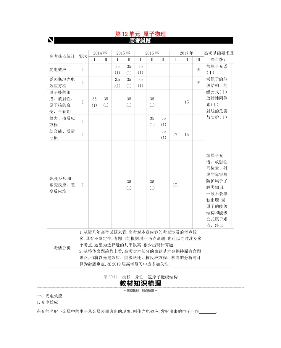 （江苏专用）高考物理大一轮复习 第12单元 原子物理学案-人教版高三全册物理学案_第1页