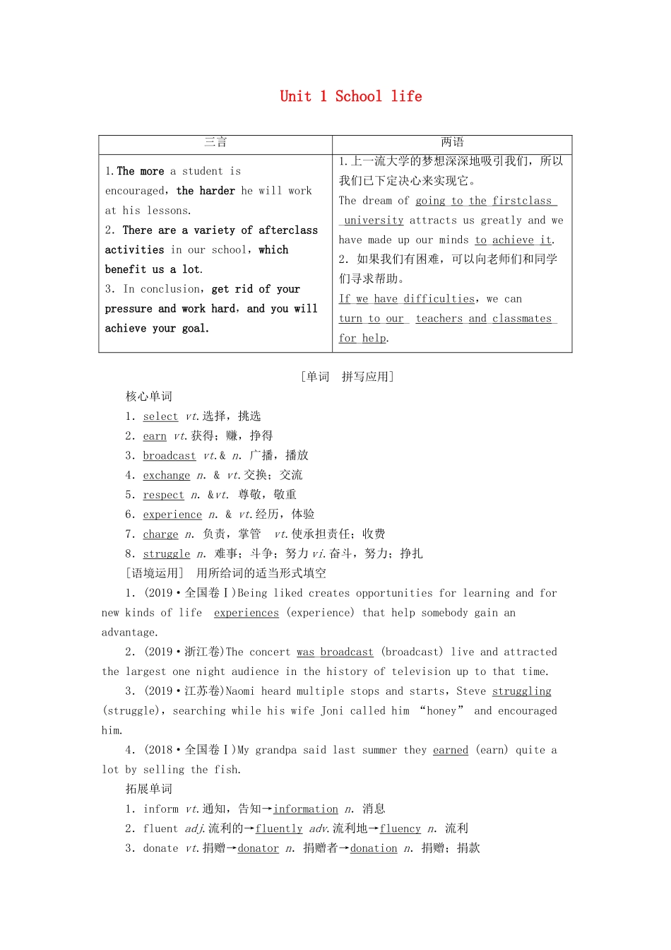（江苏专用）新高考英语一轮复习 Unit 1 School life教学案 牛津译林版必修1-牛津版高三必修1英语教学案_第1页
