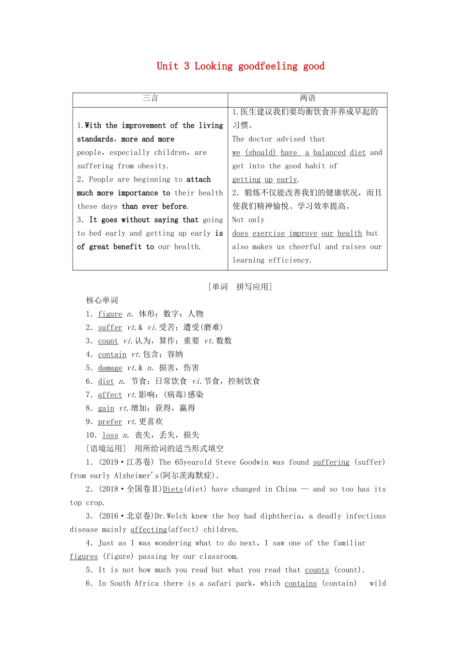（江苏专用）新高考英语一轮复习 Unit 3 Looking goodfeeling good教学案 牛津译林版必修1-牛津版高三必修1英语教学案_第1页