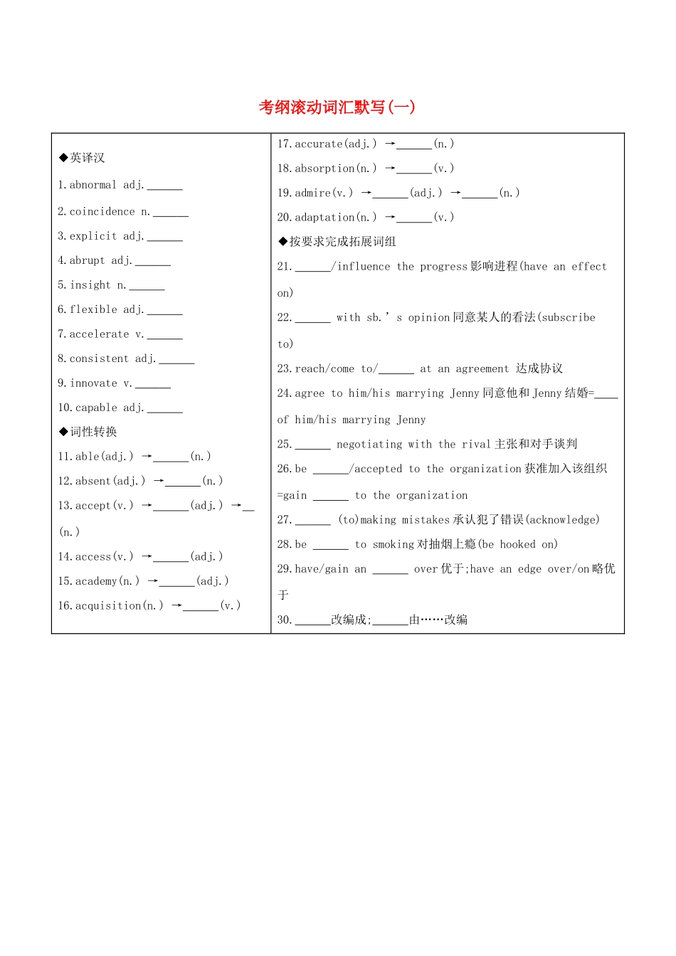 （江苏专用）高考英语 考前冲刺 第二篇 考前20天滚动词汇考纲滚动词汇默写 （一）学案 新人教版-新人教版高三全册英语学案_第1页