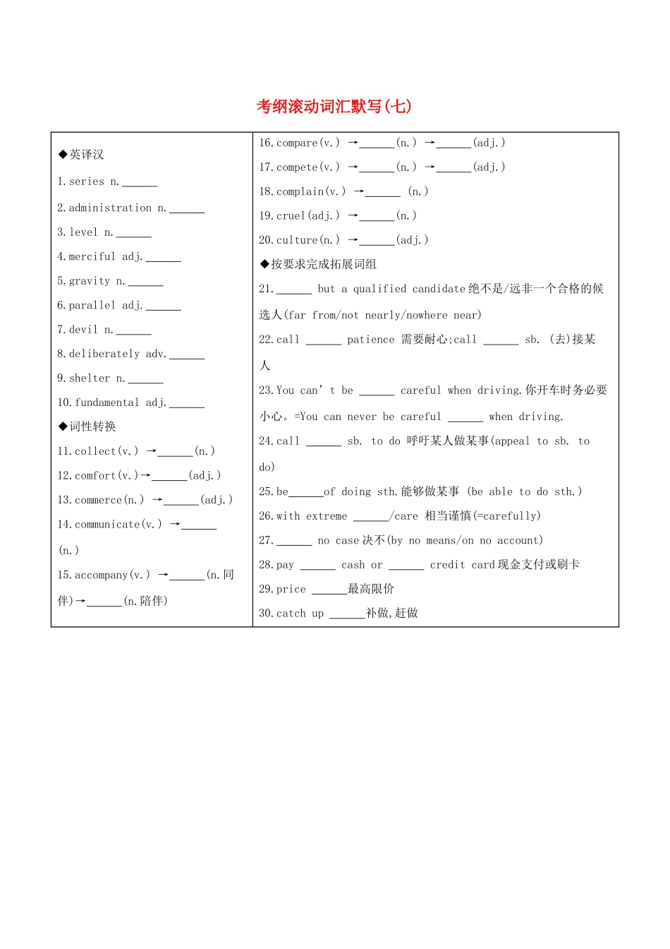 （江苏专用）高考英语 考前冲刺 第二篇 考前20天滚动词汇考纲滚动词汇默写（七）学案 新人教版-新人教版高三全册英语学案_第1页