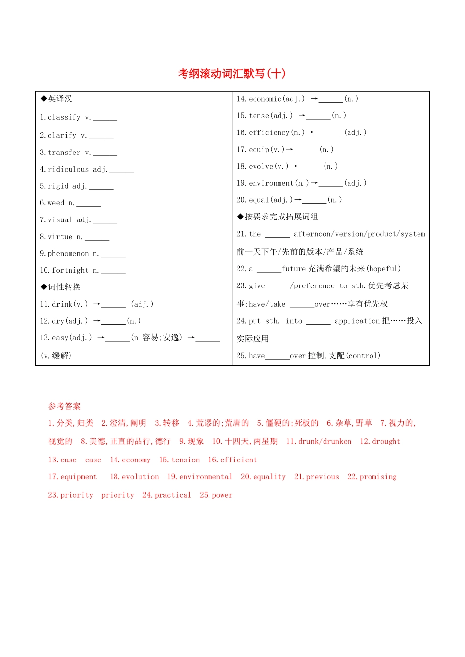 （江苏专用）高考英语 考前冲刺 第二篇 考前20天滚动词汇考纲滚动词汇默写（十）学案 新人教版-新人教版高三全册英语学案_第1页