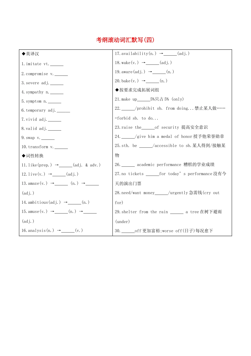 （江苏专用）高考英语 考前冲刺 第二篇 考前20天滚动词汇考纲滚动词汇默写（四）学案 新人教版-新人教版高三全册英语学案_第1页