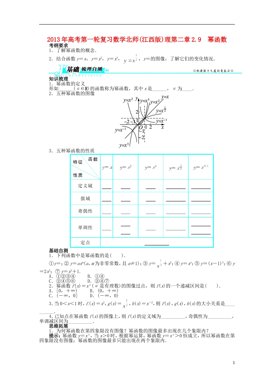 （江西版）2013年高考数学总复习 第二章2.9 幂函数教案 理 北师大版_第1页