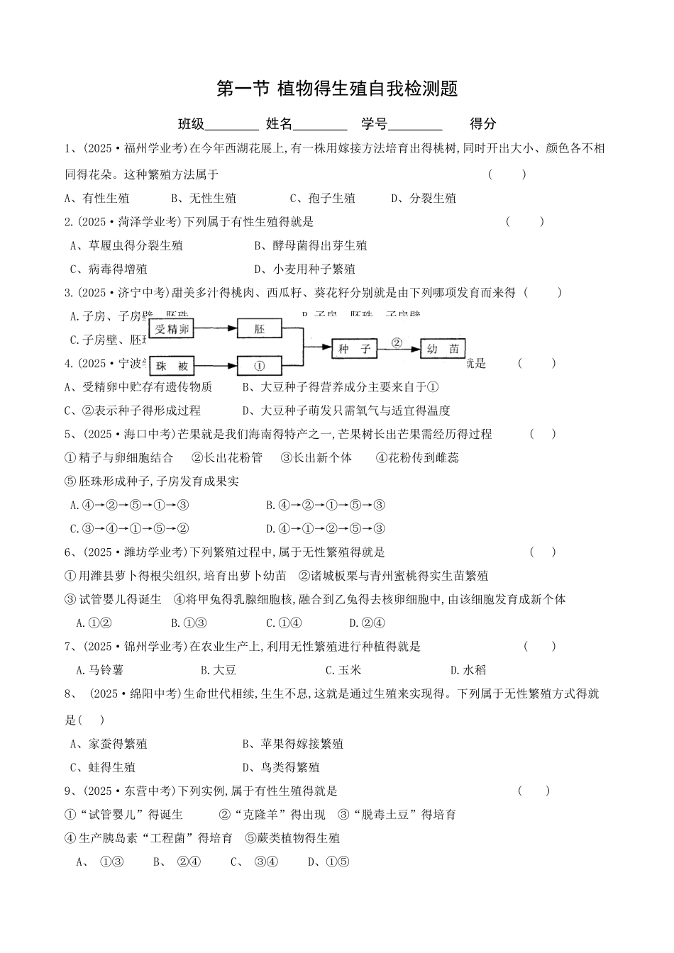 第一节 植物的生殖测试题_第1页