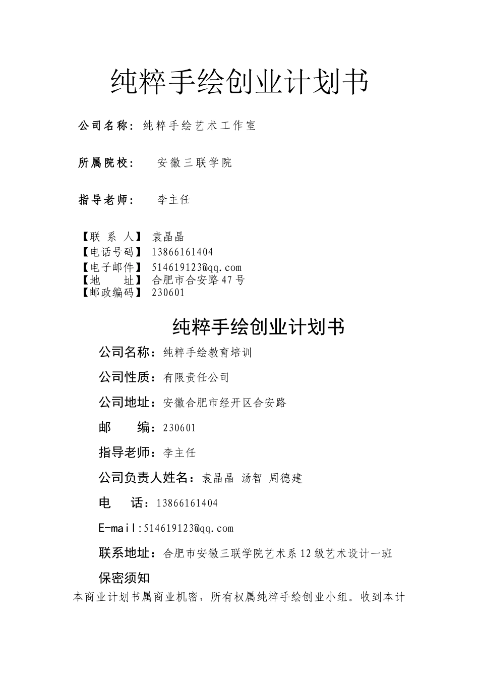 艺术系纯粹手绘创业计划书_第1页