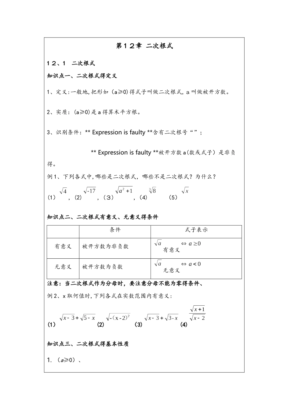 苏教版八年级数学下册学案（无答案）：  12.1 二次根式_第1页