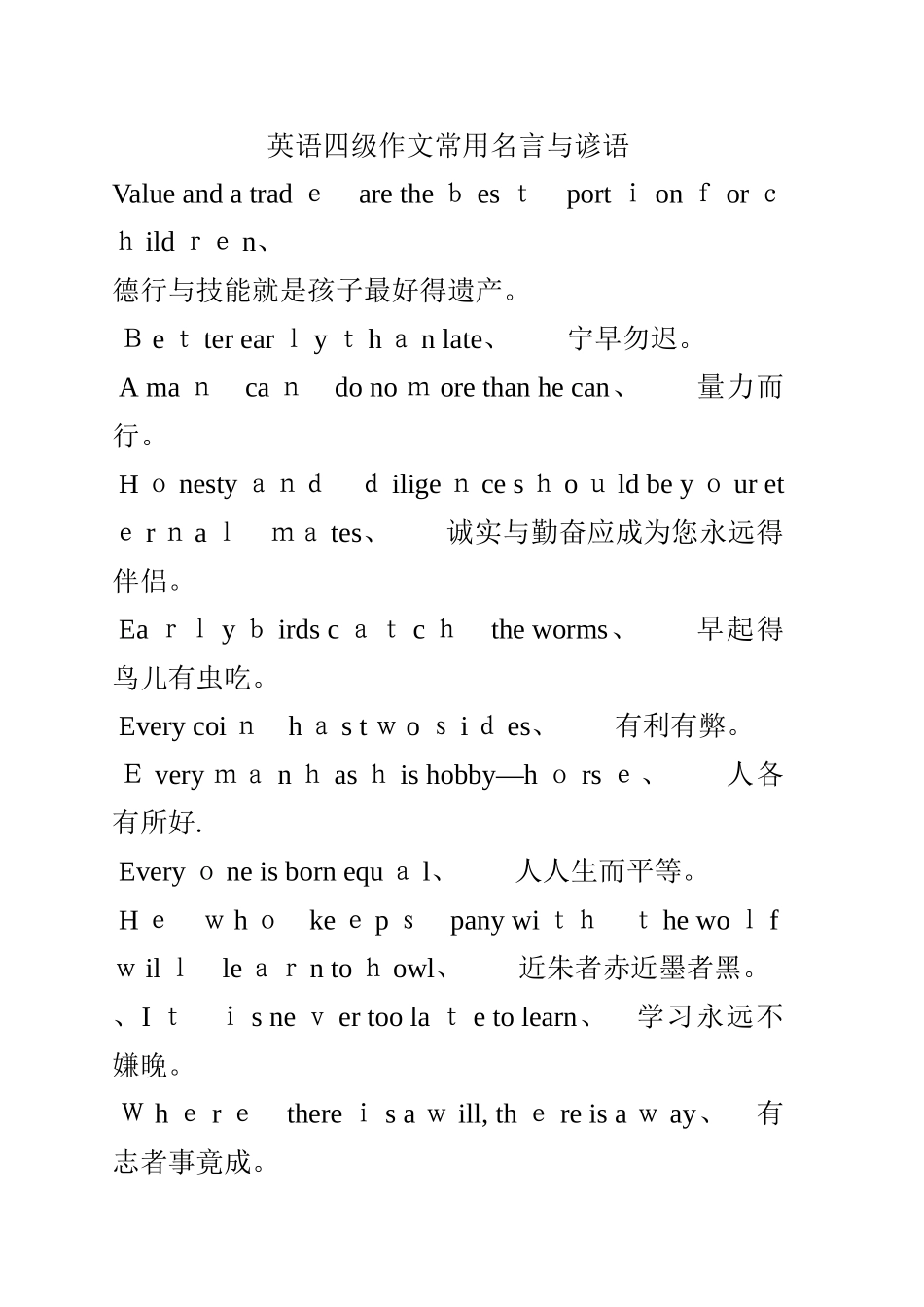 英语 四级作文常用名言和谚语_第1页