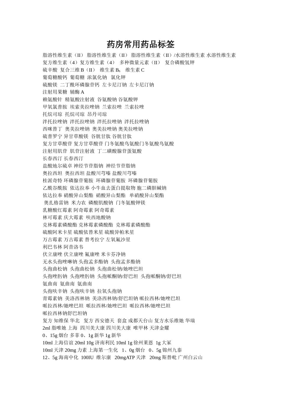 药房常用药品标签_第1页