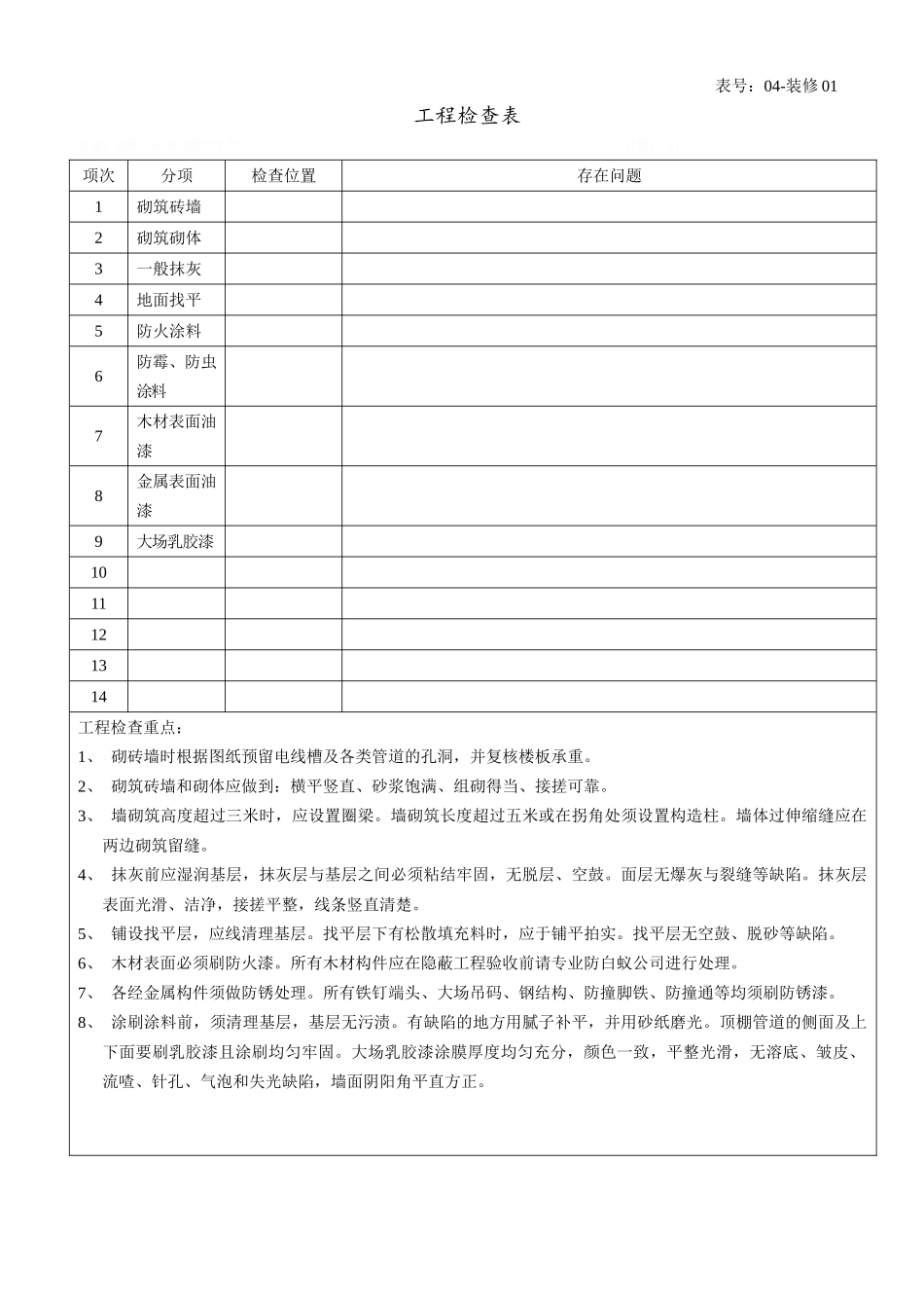 装修工程检查表格_第1页