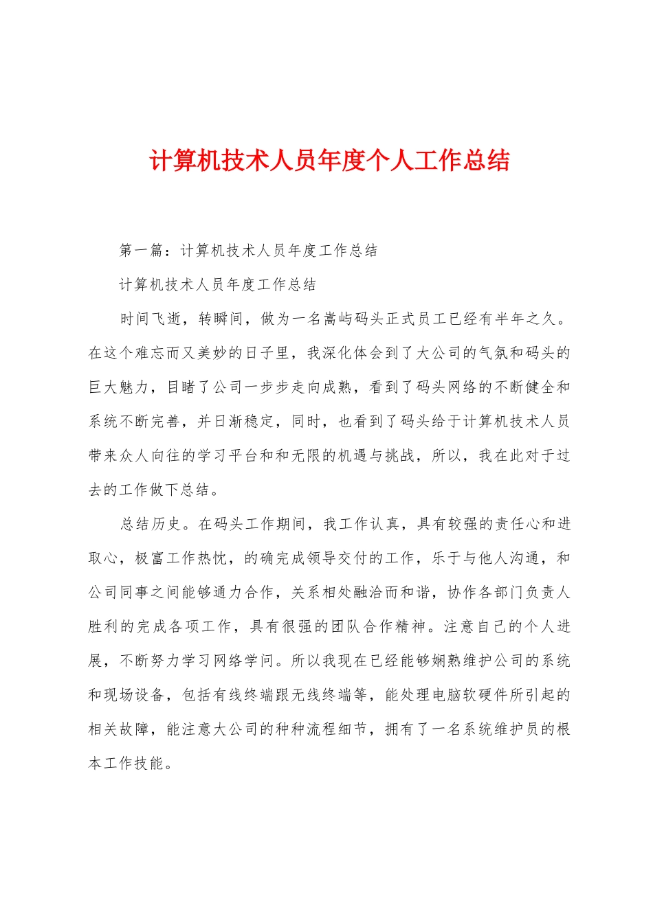 计算机技术人员年度个人工作总结_第1页