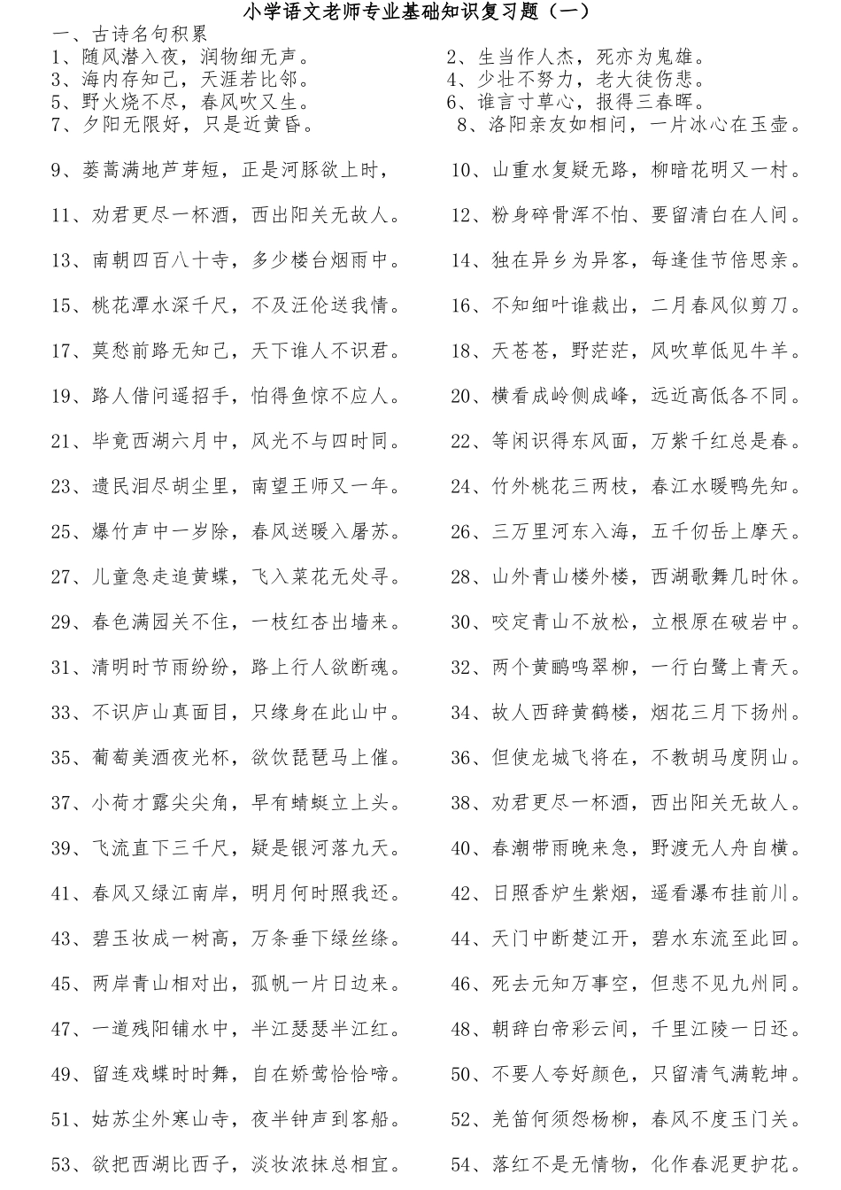 试题题库-—小学语文教师专业基础知识复习题及参考答案全套_第1页