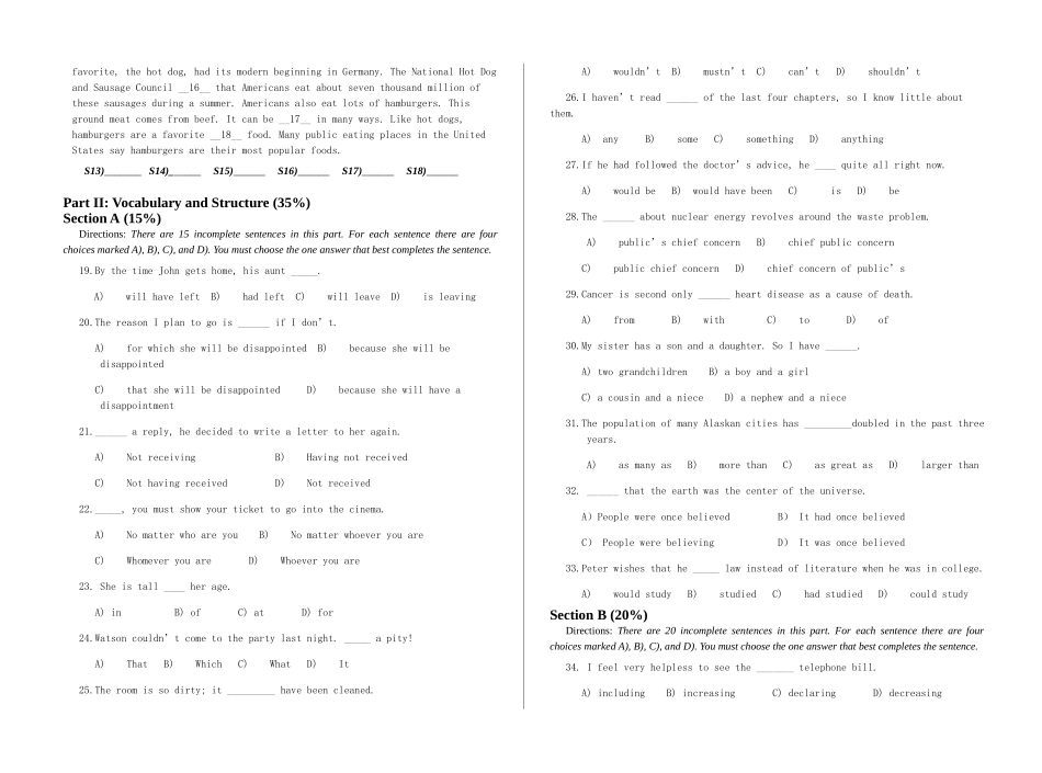 试题题库-—英语二级考试试卷及参考答案精华版_第2页
