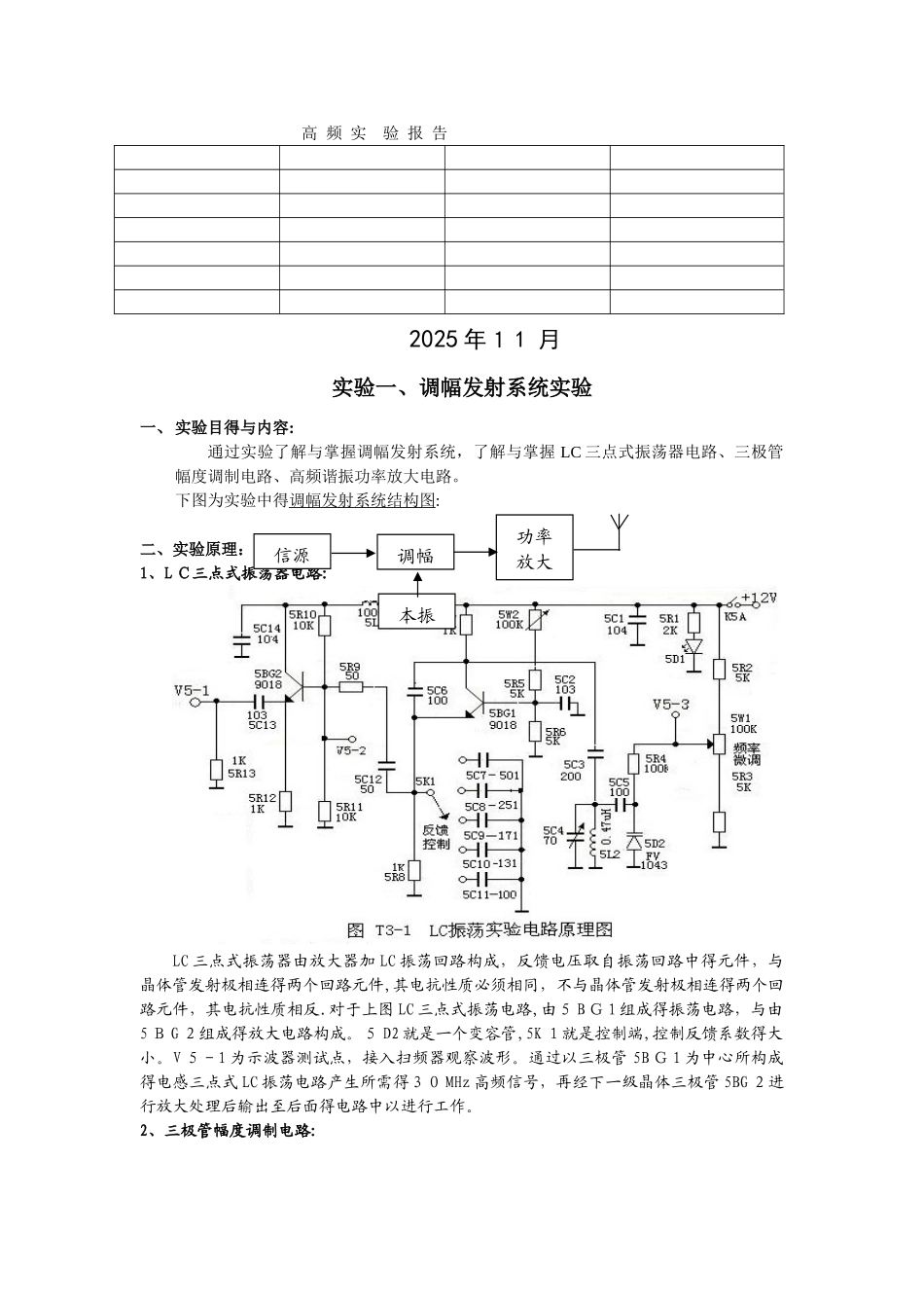 调频发射机与接收机-高频实验报告_第1页