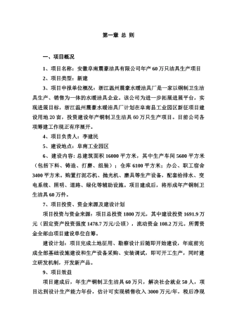 豪洁具有限公司年产60万件卫生洁具生产项目可行性研究报告书
