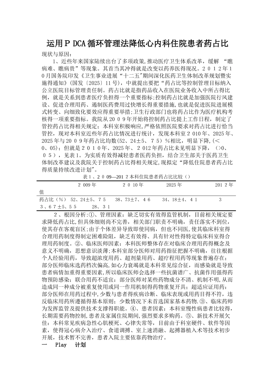 运用PDCA循环管理法控制心内科住院患者药占比_第1页