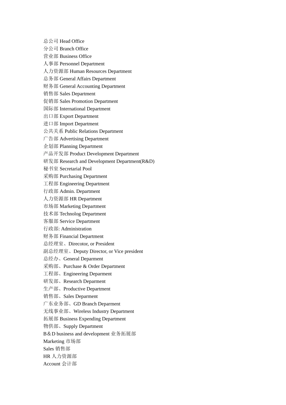 部门及职位英文名_第1页