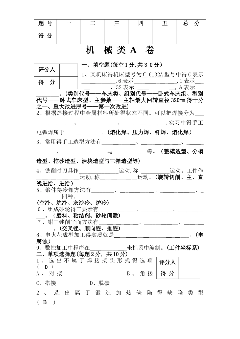 金工实习试题及答案_第1页