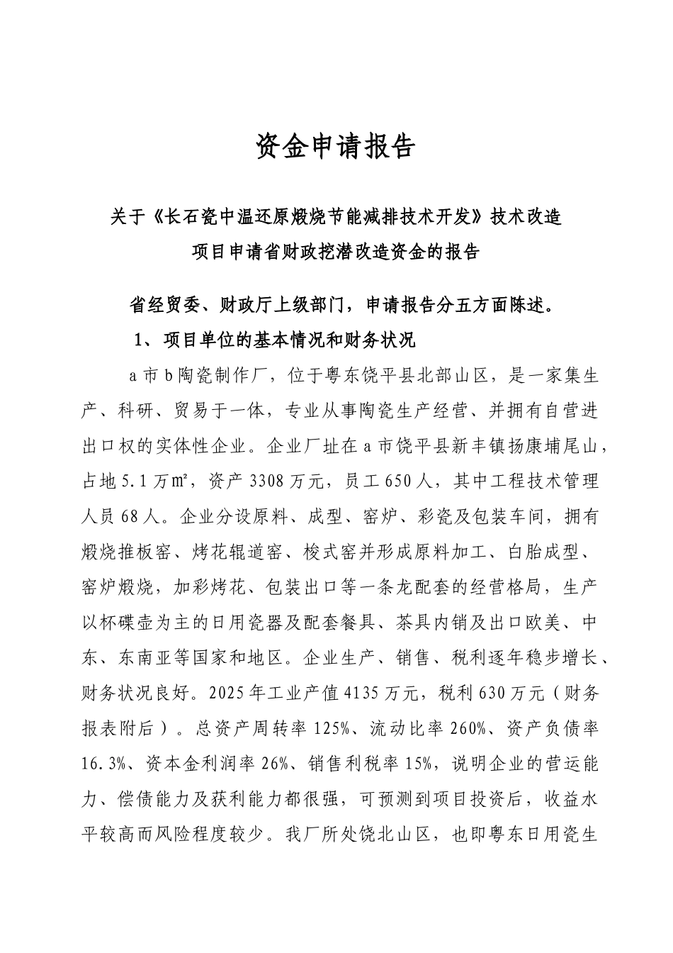 长石瓷中温还原煅烧节能减排技术开发技术改造项目资金申请报告_第2页