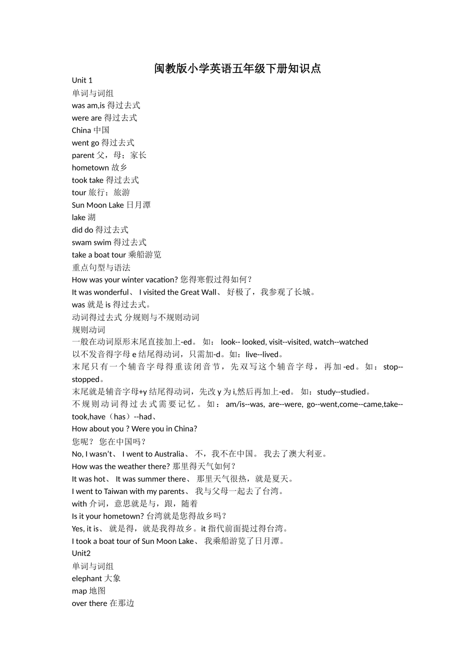 闽教版小学英语五年级下册知识点_第1页