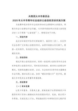 青年社会组织公益创投活动实施方案计划书