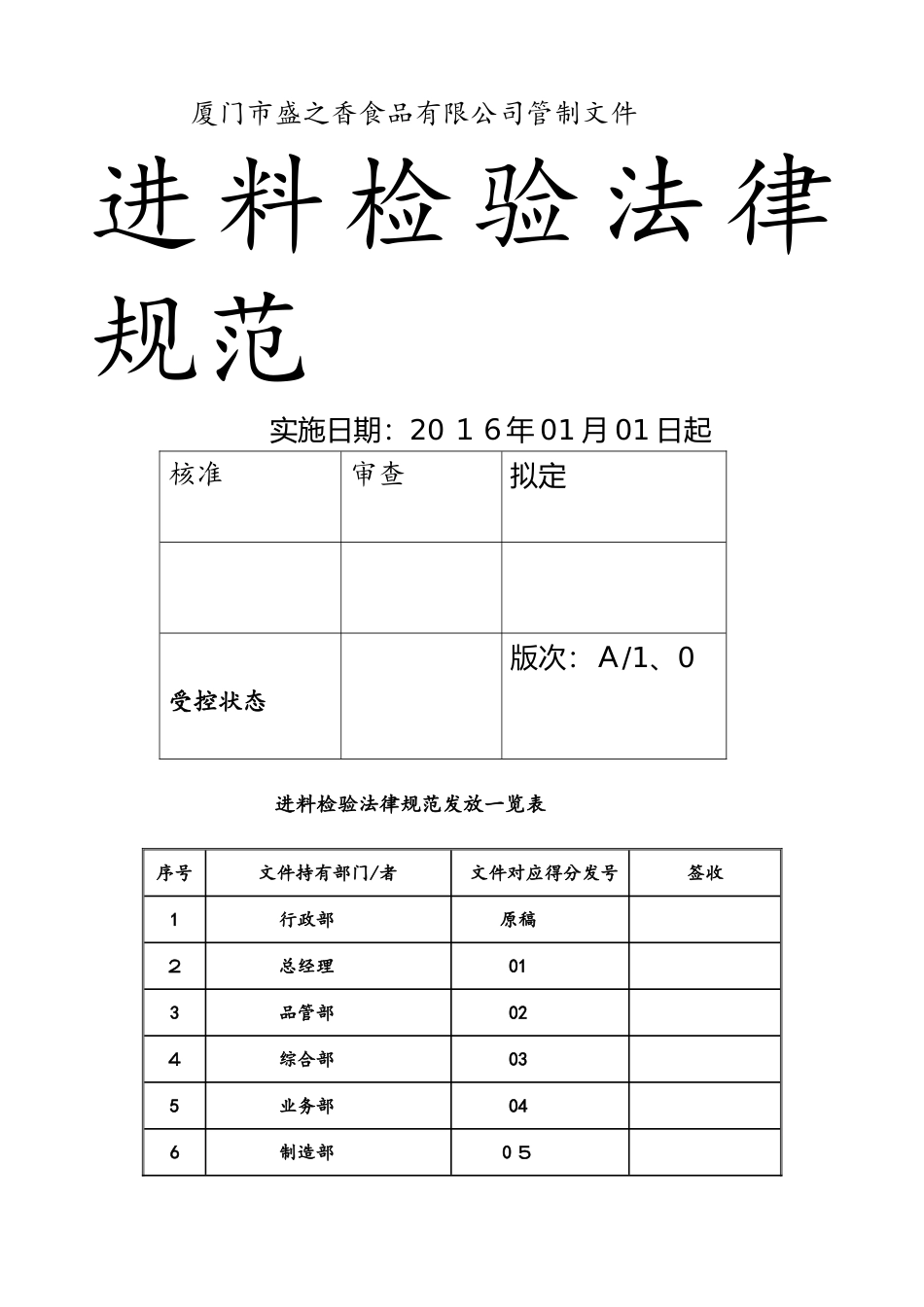 食品原辅料检验及验收标准法则_第1页