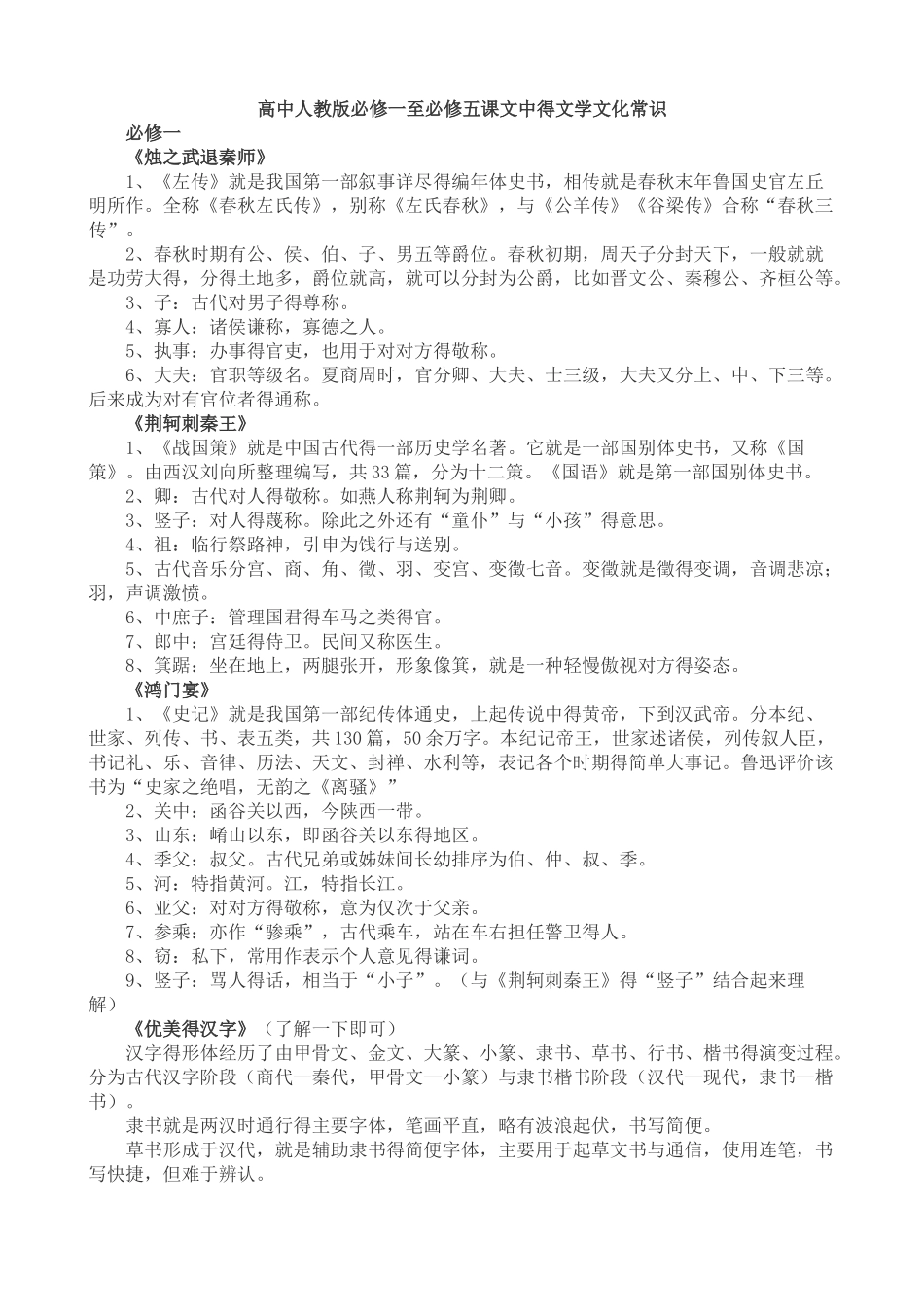 高中人教版必修一至必修五课文中的文学文化常识_第1页