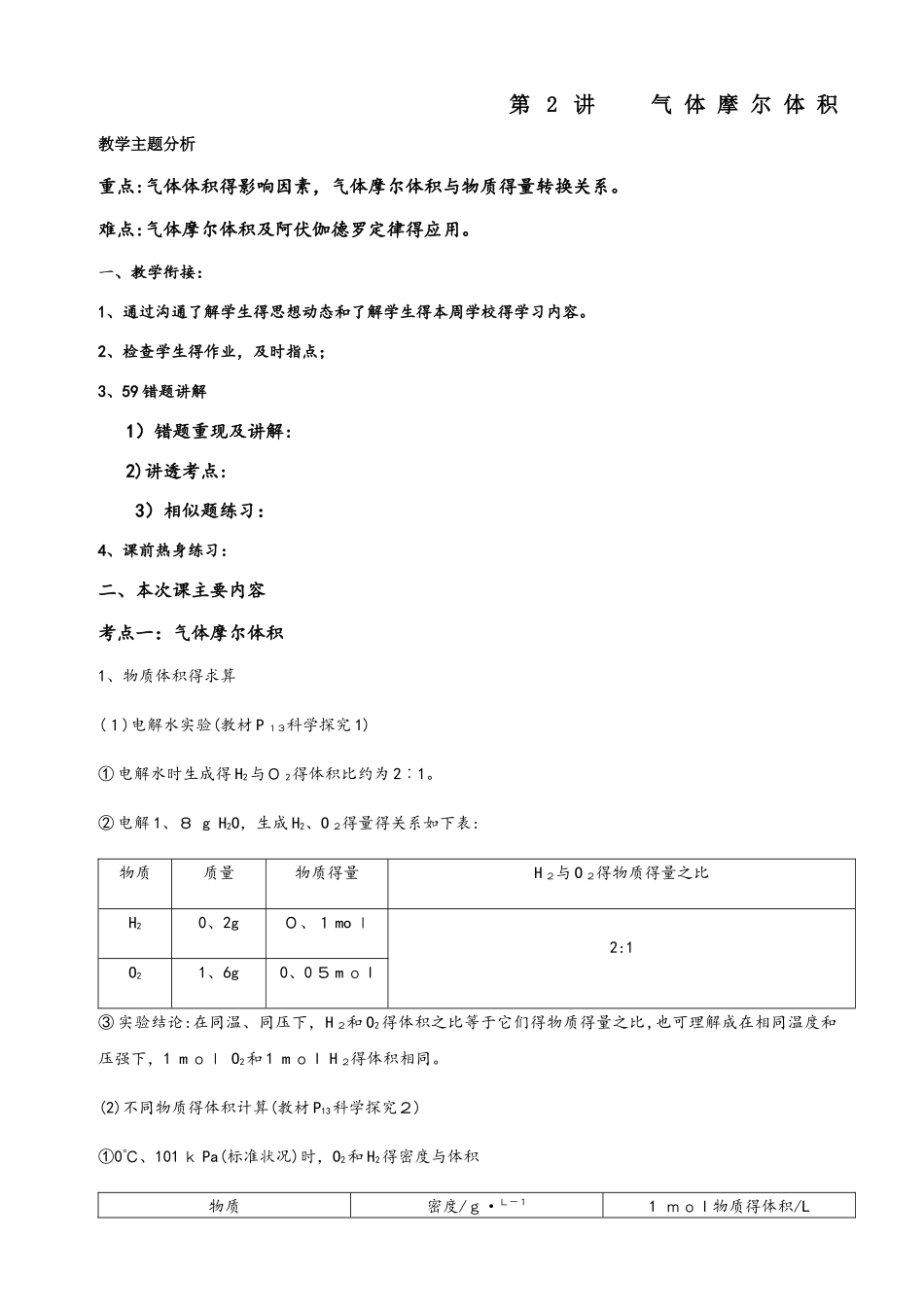 高中化学人教版必修一教学案第2讲：气体摩尔体积_第1页