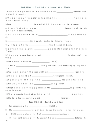 高中英语Book3 Book4各单元词形变化练习汇总（无答案）