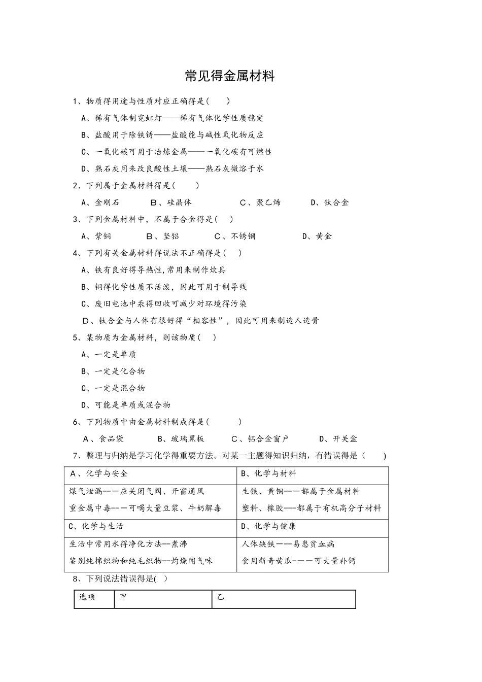 鲁教版九年级4.1常见的金属材料 练习_第1页