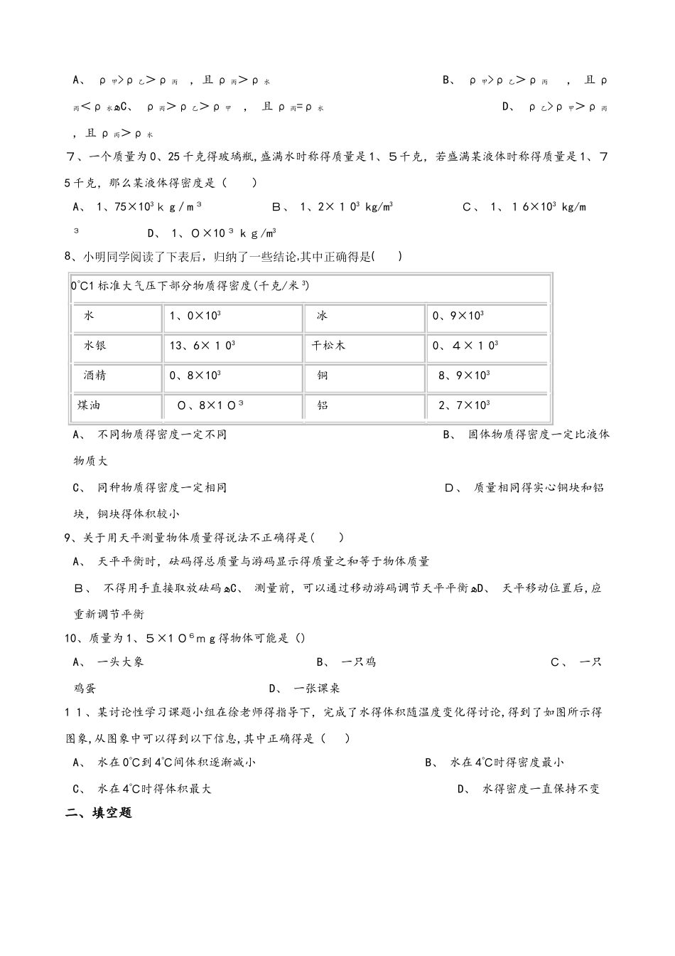 鲁教版五四制物理八年级上册 第五章 质量与密度 单元测试题（无答案）_第2页