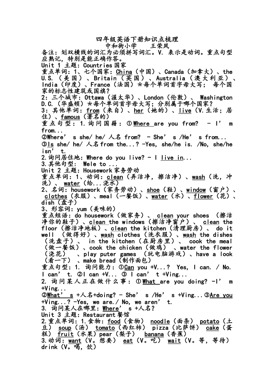 鲁教版四年级下册英语知识点梳理_第1页