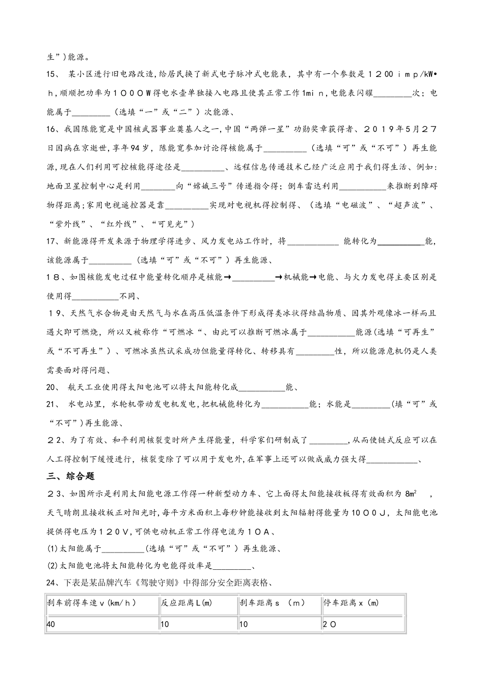 鲁教版（五四制）九年级下册物理 第二十章 能源与可持续发展 单元巩固训练题_第3页