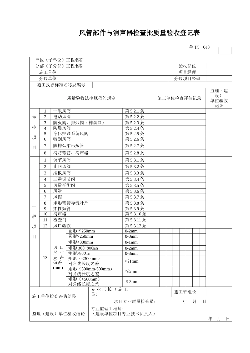鲁风管部件与消声器检验批质量验收记录表_第1页