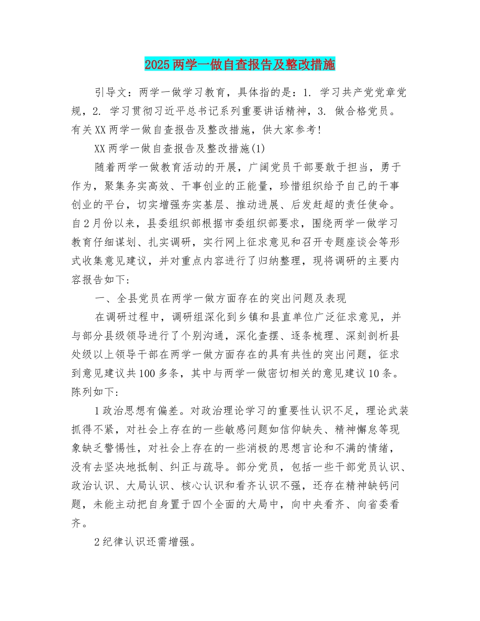 2025两学一做自查报告及整改措施_第1页
