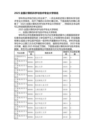 2025全国计算机科学与技术专业大学排名