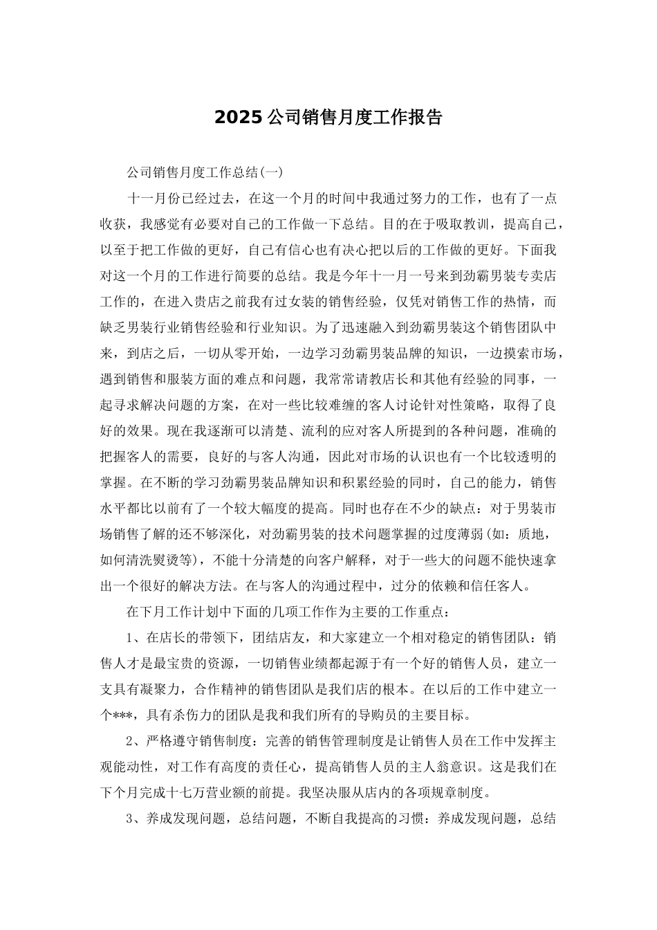 2025公司销售月度工作报告_第1页