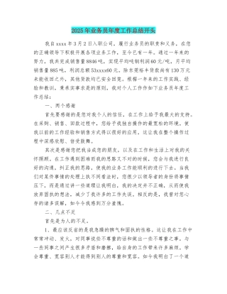 2025年业务员年度工作总结开头