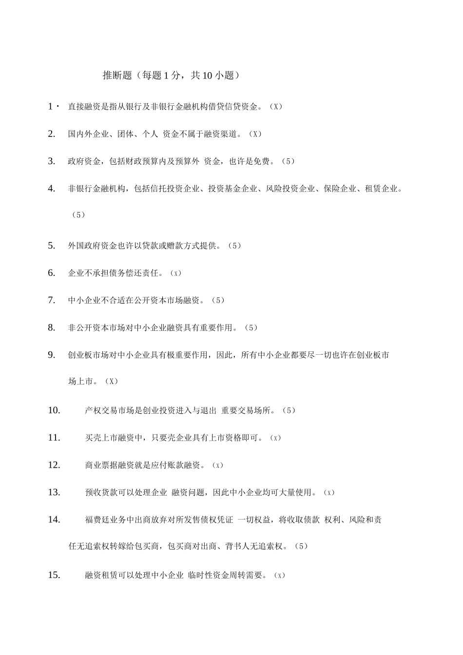 2025年中小企业融资题库及答案_第1页