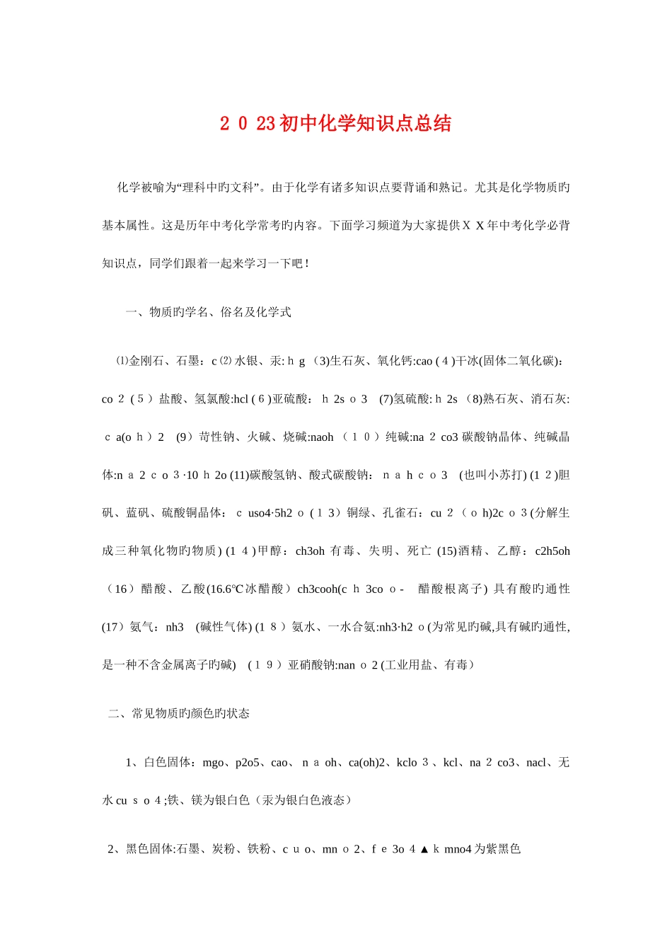 2025年初中化学知识点总结与前台接待工作总结汇编_第1页