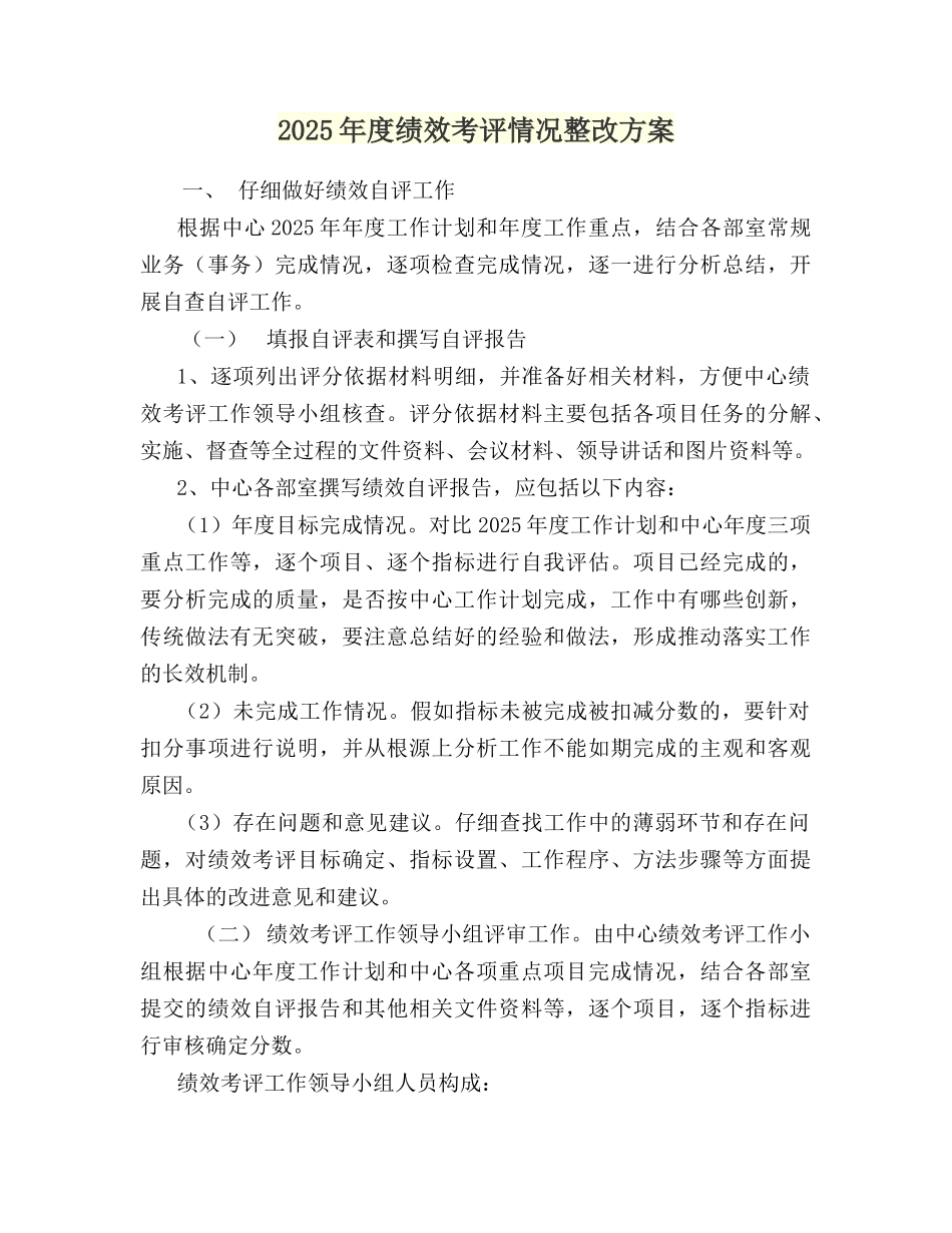 2025年度绩效考评情况整改方案_第1页