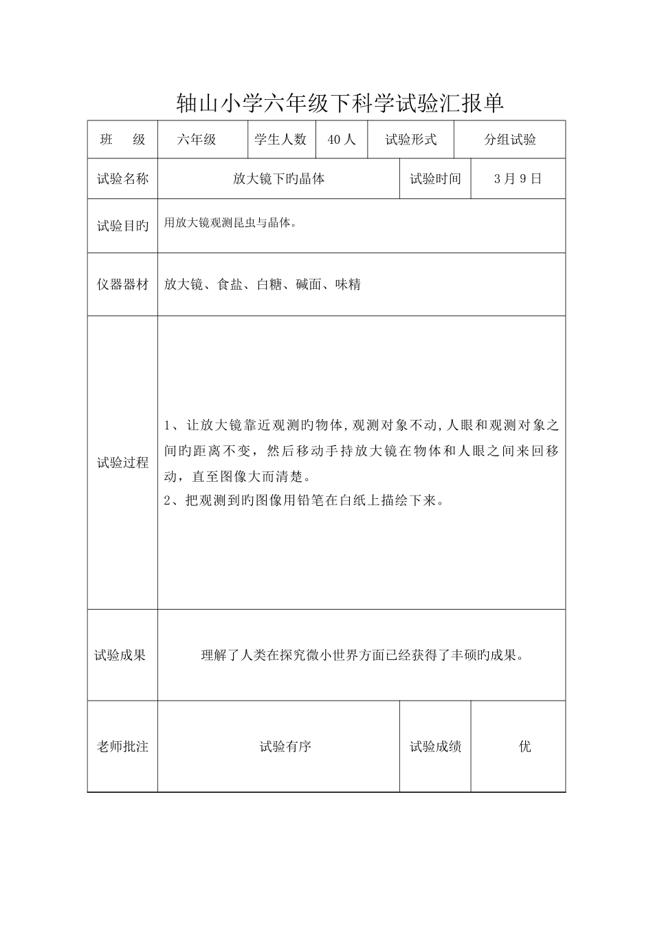 2025年教科版六年级下科学实验报告单新版_第1页