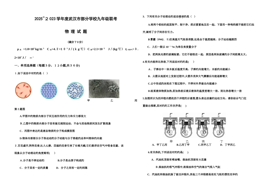 2025年武汉市部分学校九年级考物理试题_第1页